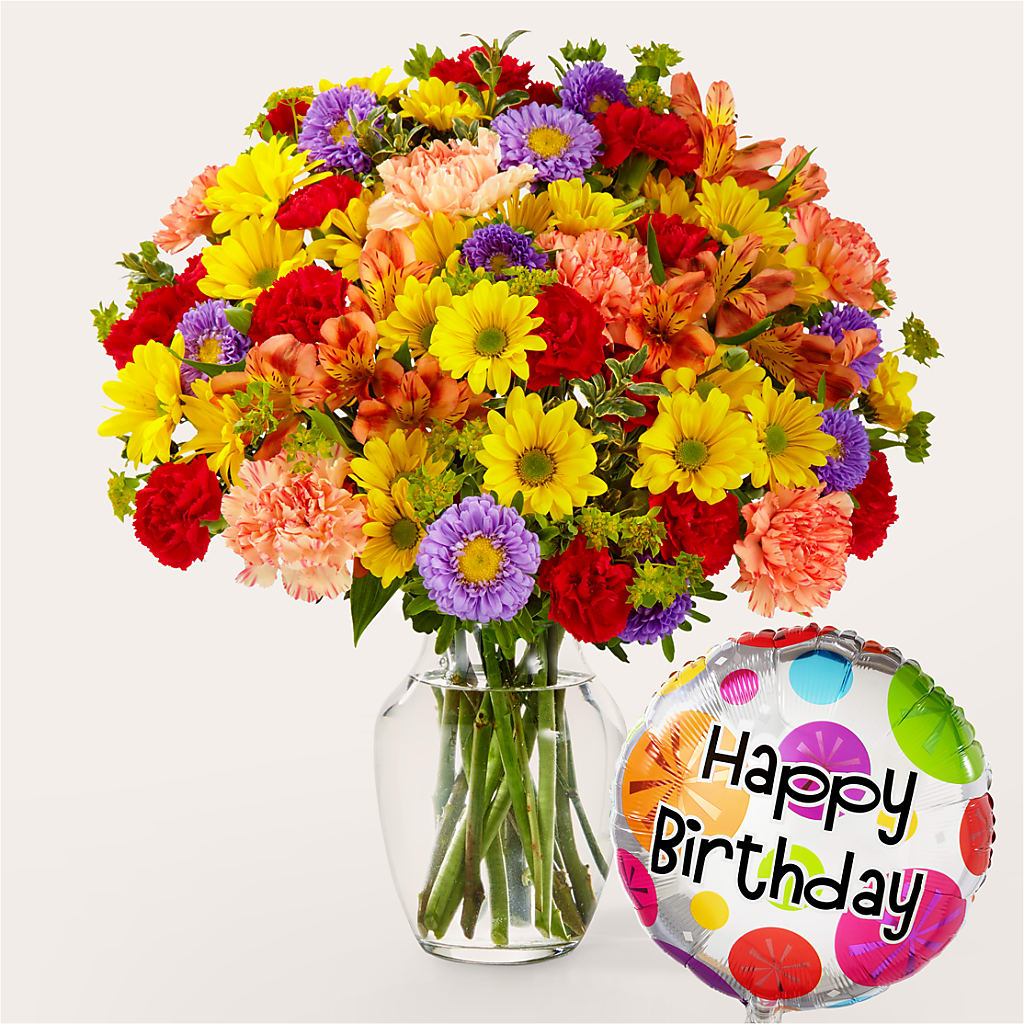 Kaleidoscope Bouquet with Birthday Balloon – FLOWERS & FAIRYTALES, Pittsburgh PA