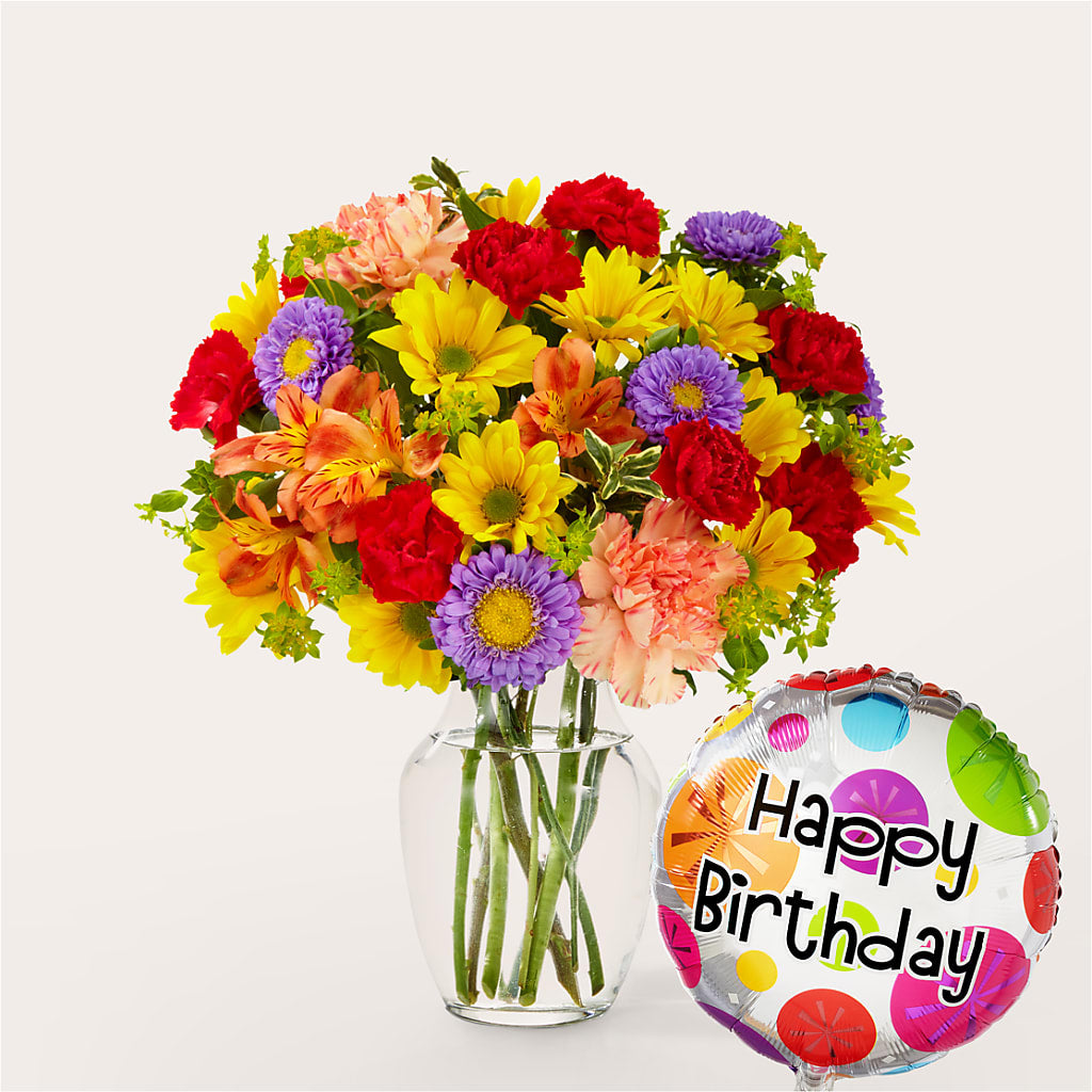 Kaleidoscope Bouquet with Birthday Balloon – FLOWERS & FAIRYTALES, Pittsburgh PA