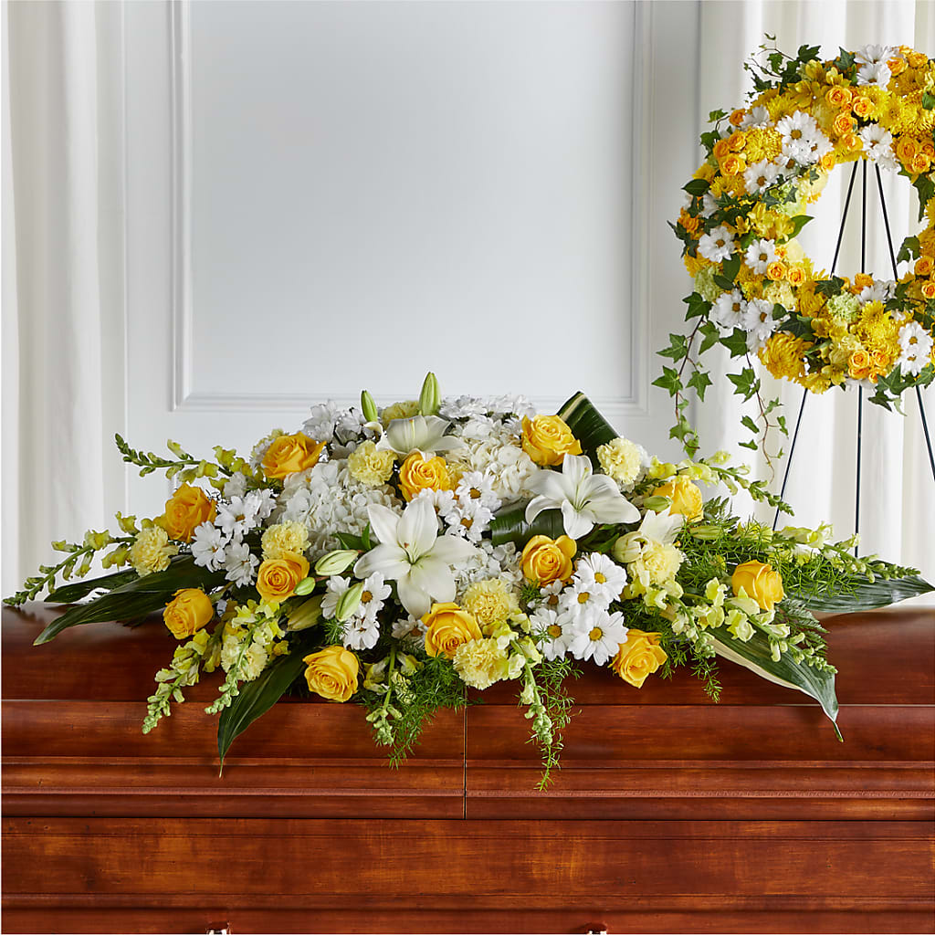 Golden Harmony Casket Spray – FLOWERS & FAIRYTALES, Pittsburgh PA